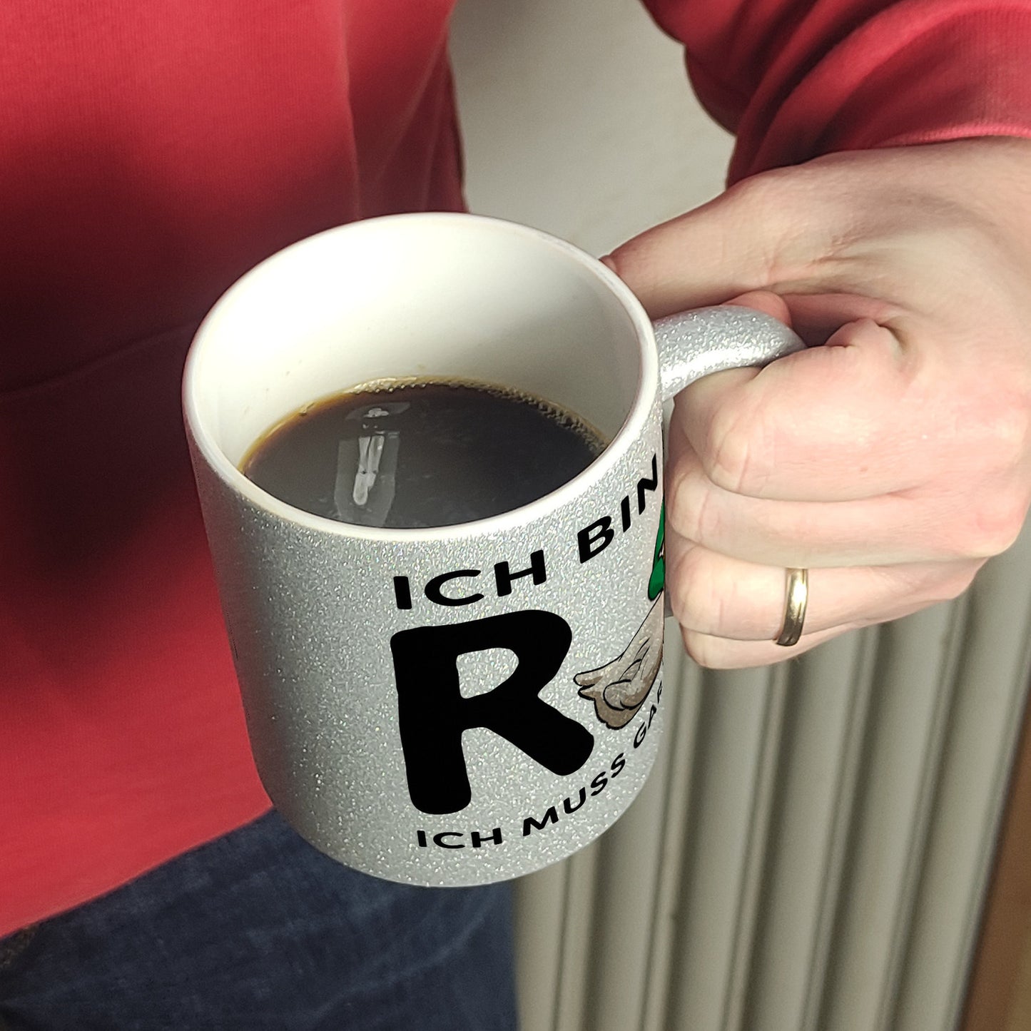 Ente Ruhestand Glitzer-Kaffeebecher mit Spruch Ich bin in R-Ente Ich muss gar nix