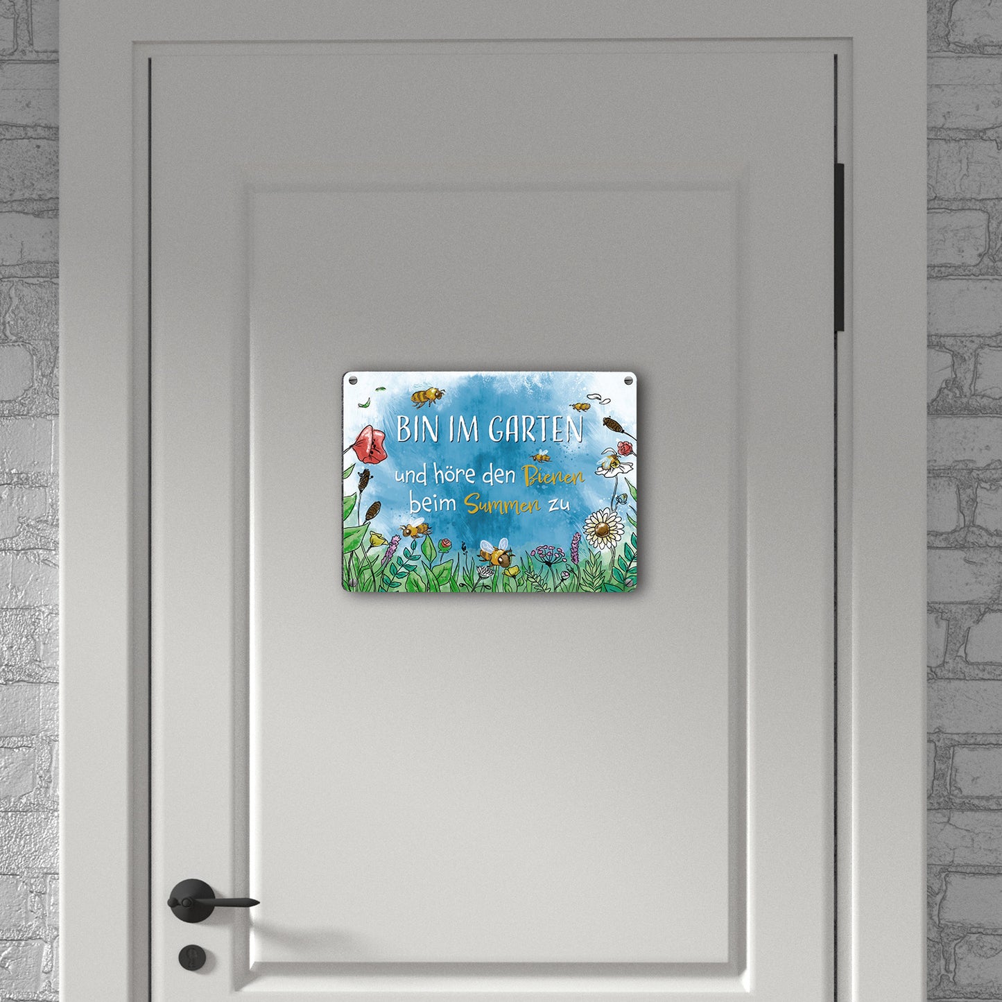 Bin im Garten Metallschild in 15x20 cm mit Blumenwiese und Bienen