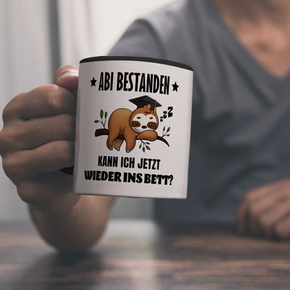 Faultier Abitur Kaffeebecher in schwarz mit Spruch Abi geschafft zurück ins Bett