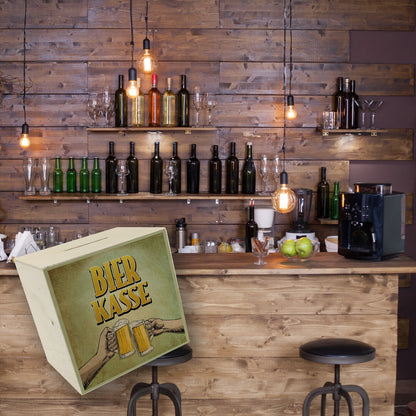 Bierkasse Spardose aus Holz mit coolem retro Motiv - prostende Bierkrüge für die Hausbar