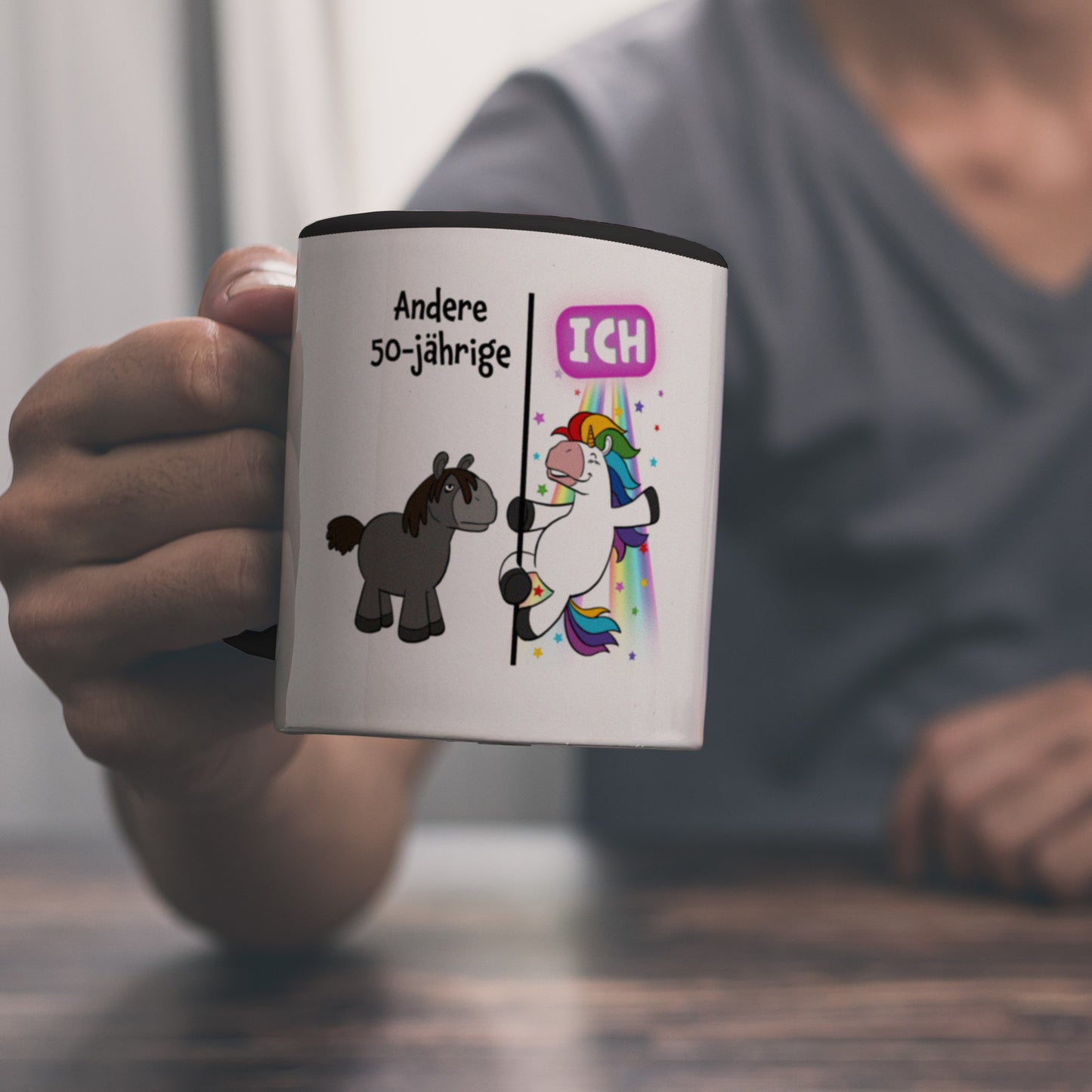 50. Geburtstag Kaffeebecher Schwarz mit lustigem Spruch: Einhorn