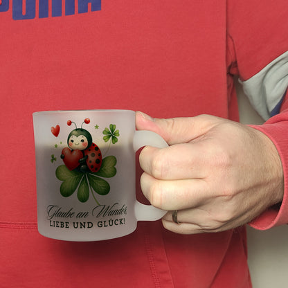 Marienkäfer Glas Tasse mit Spruch Glaube an Wunder, Liebe und Glück!