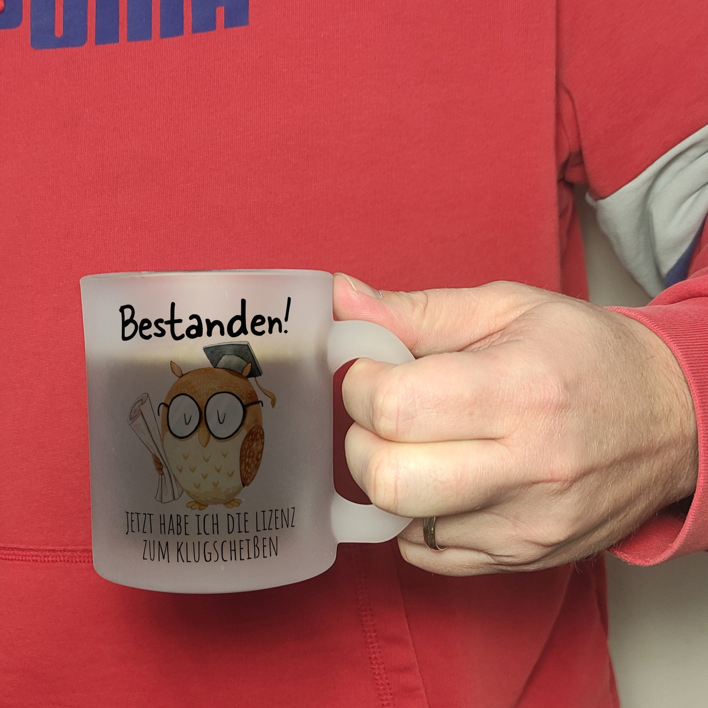 Bestandene Prüfung Eule Glas Tasse mit Spruch Lizenz zum Klugscheißen