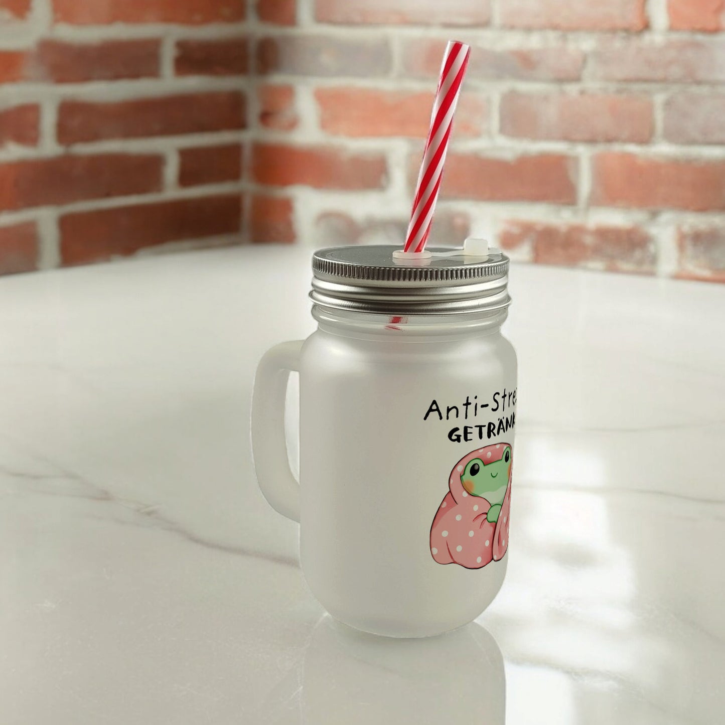 Frosch in rosa Decke Mason Jar Henkel Trinkglas mit Deckel mit Spruch Anti-Stress Getränk