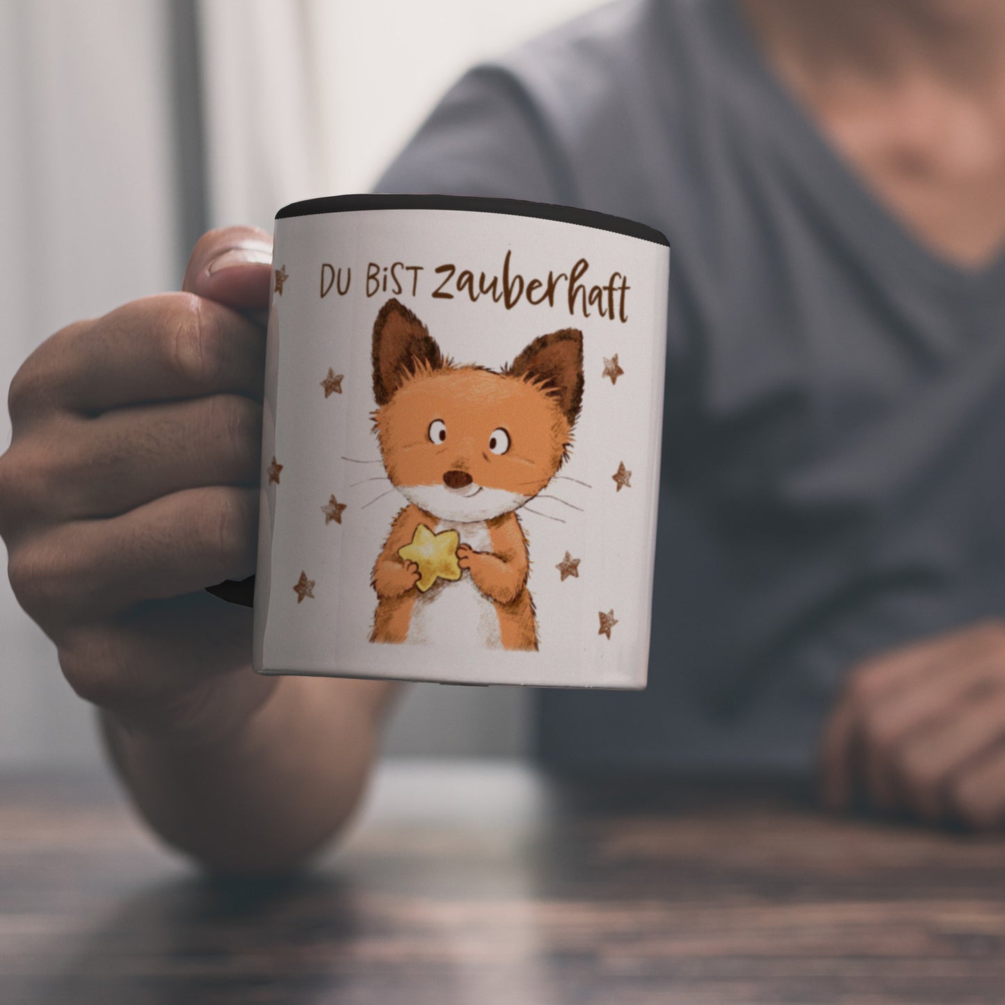 Fuchs Kaffeebecher in schwarz mit Spruch Du bist zauberhaft