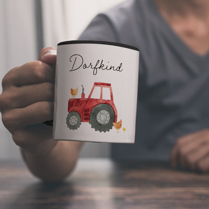 Dorfkind roter Traktor Kaffeebecher in schwarz