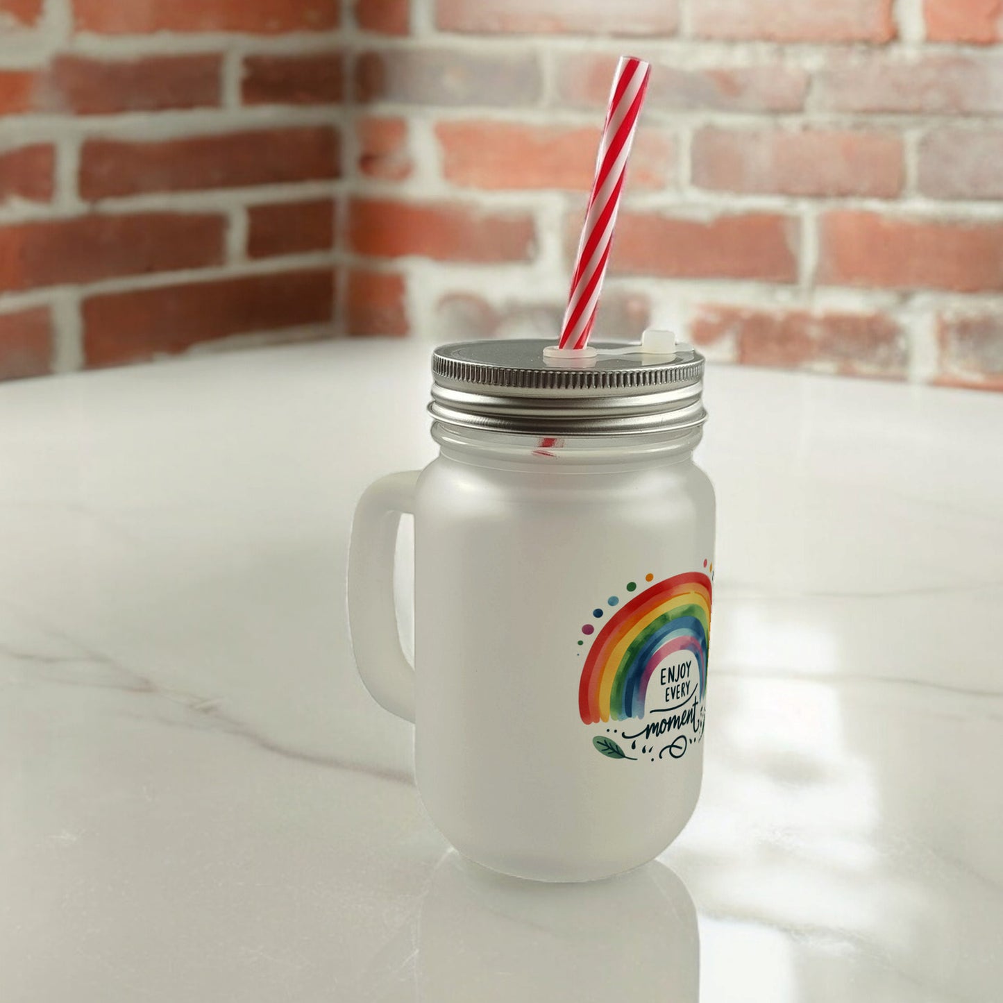 Regenbogen Mason Jar Henkel Trinkglas mit Deckel mit Spruch Enjoy every moment