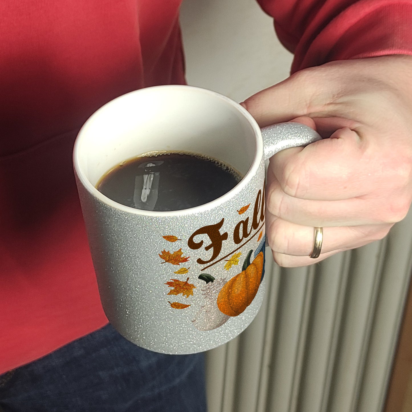 Fall Jahreszeit Herbst Glitzer-Kaffeebecher mit Kürbis und Laub