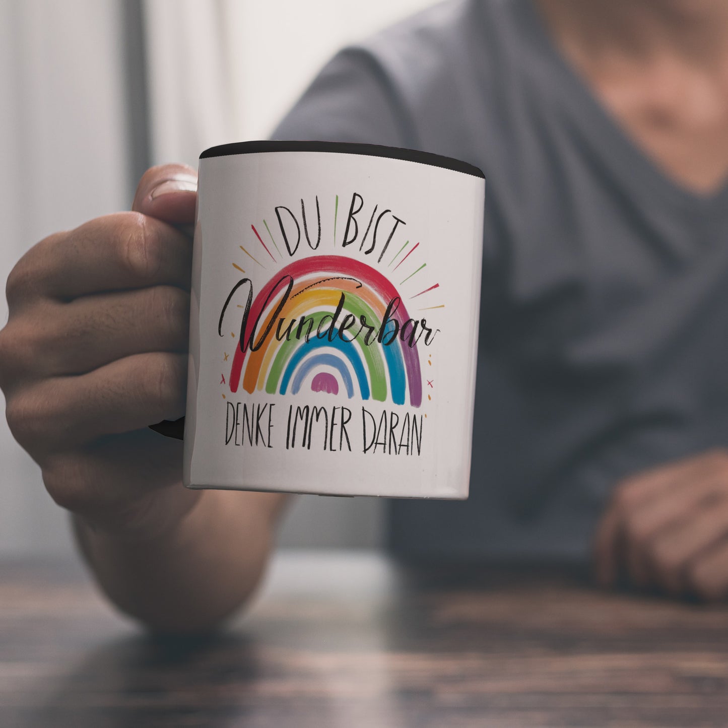 Regenbogen Kaffeebecher in schwarz - Du bist wunderbar