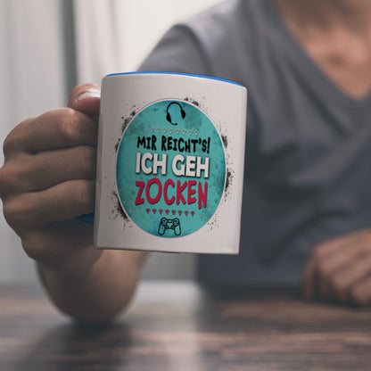 Mir reicht's! Ich geh zocken Kaffeebecher Henkel und Innenseite Hellblau