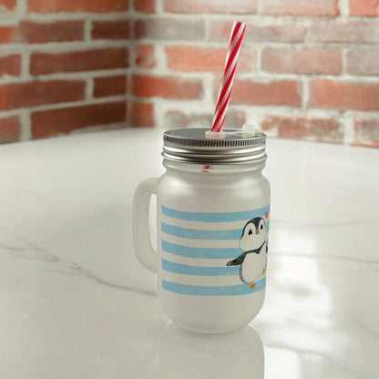 Pinguin Mason Jar Henkel Trinkglas mit Deckel im Aquarell-Stil