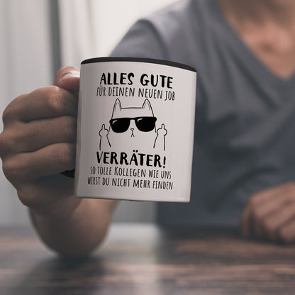 Katze mit Mittelfinger Kaffeebecher in schwarz mit Spruch Viel Erfolg du Verräter