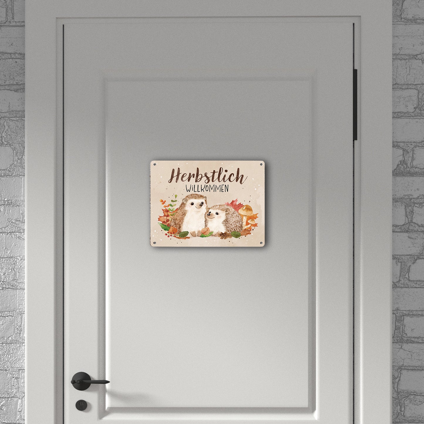 Igel Paar Metallschild XL in 21x28 cm mit Spruch Herbstlich Willkommen