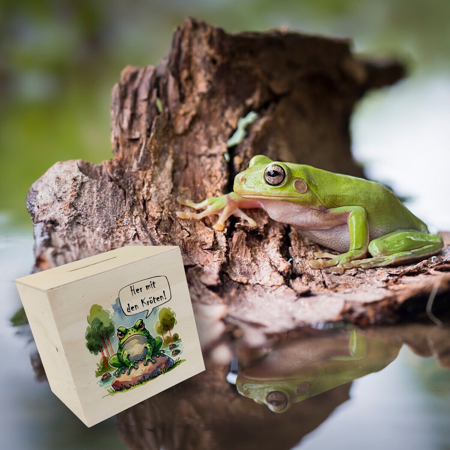 Griesgrämiger Frosch Spardose aus Holz mit Spruch Her mit den Kröten!