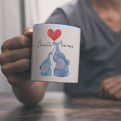 Elefant Mutter und Kind Kaffeebecher in hellblau mit Spruch Beste Mama