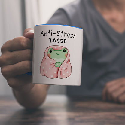 Frosch in rosa Decke mit Spruch Anti-Stress Tasse