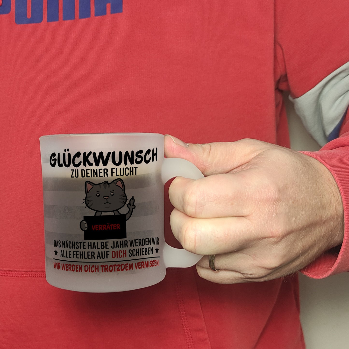 Glückwunsch zur Flucht, Verräter Mittelfinger Glas Tasse mit Katze