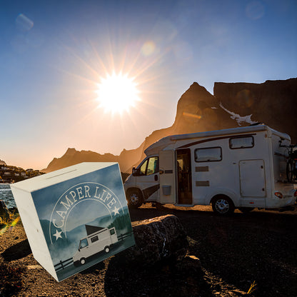 Camper Life mit Campervan Spardose aus Holz