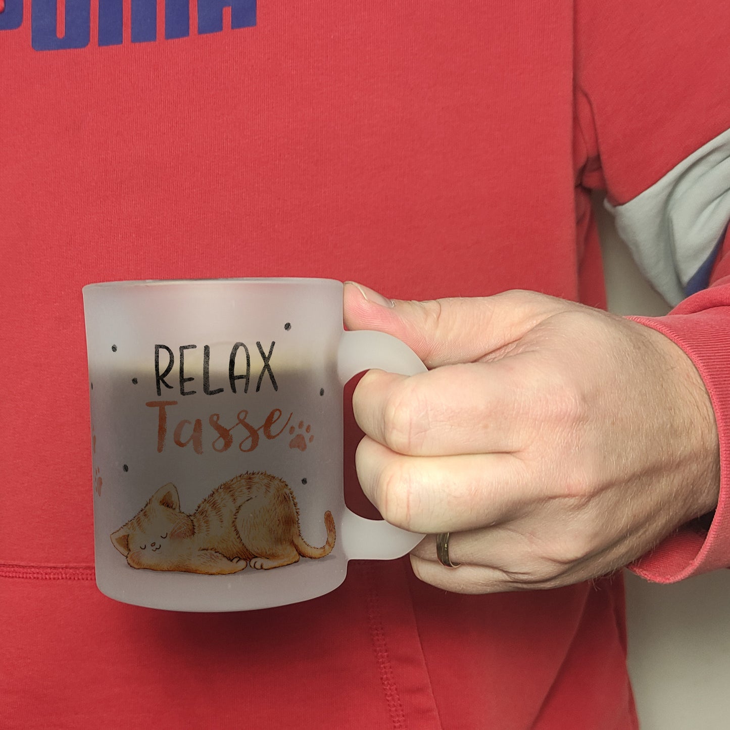 Relaxte Katze Glas Tasse mit Spruch Relax Tasse