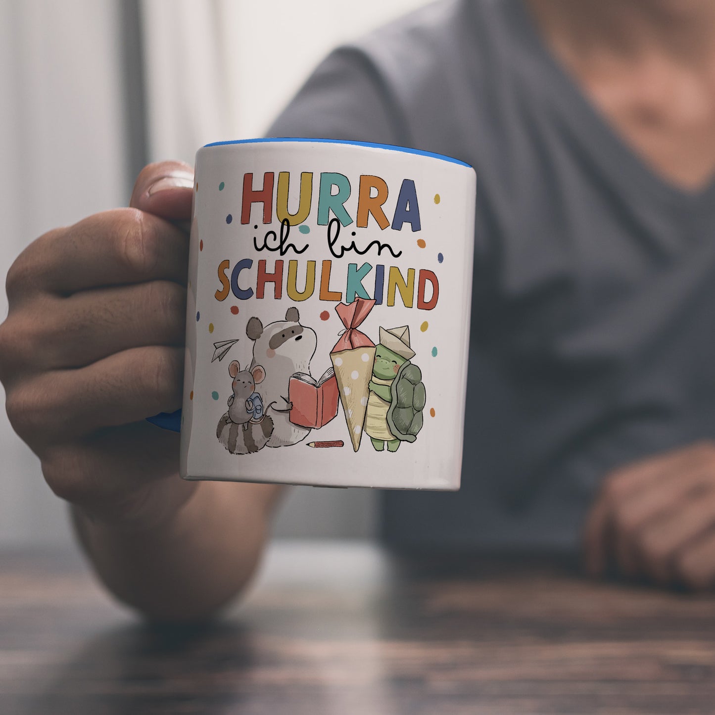 Tiere zur Einschulung Kaffeebecher in hellblau mit Spruch Hurra ich bin Schulkind