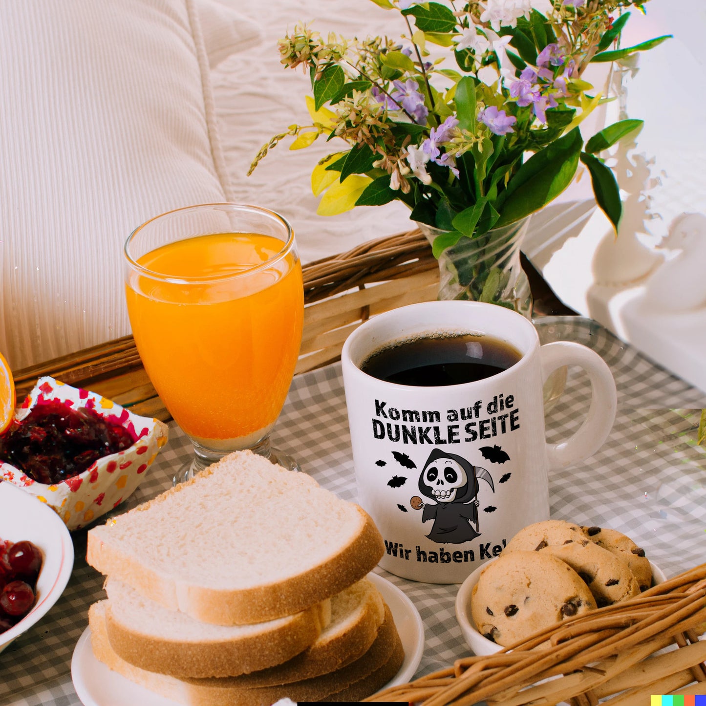 Komm auf die dunkle Seite Kaffeebecher mit Spruch Wir haben Kekse