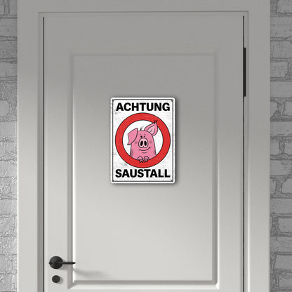 Achtung Saustall Metallschild mit Comic-Schwein