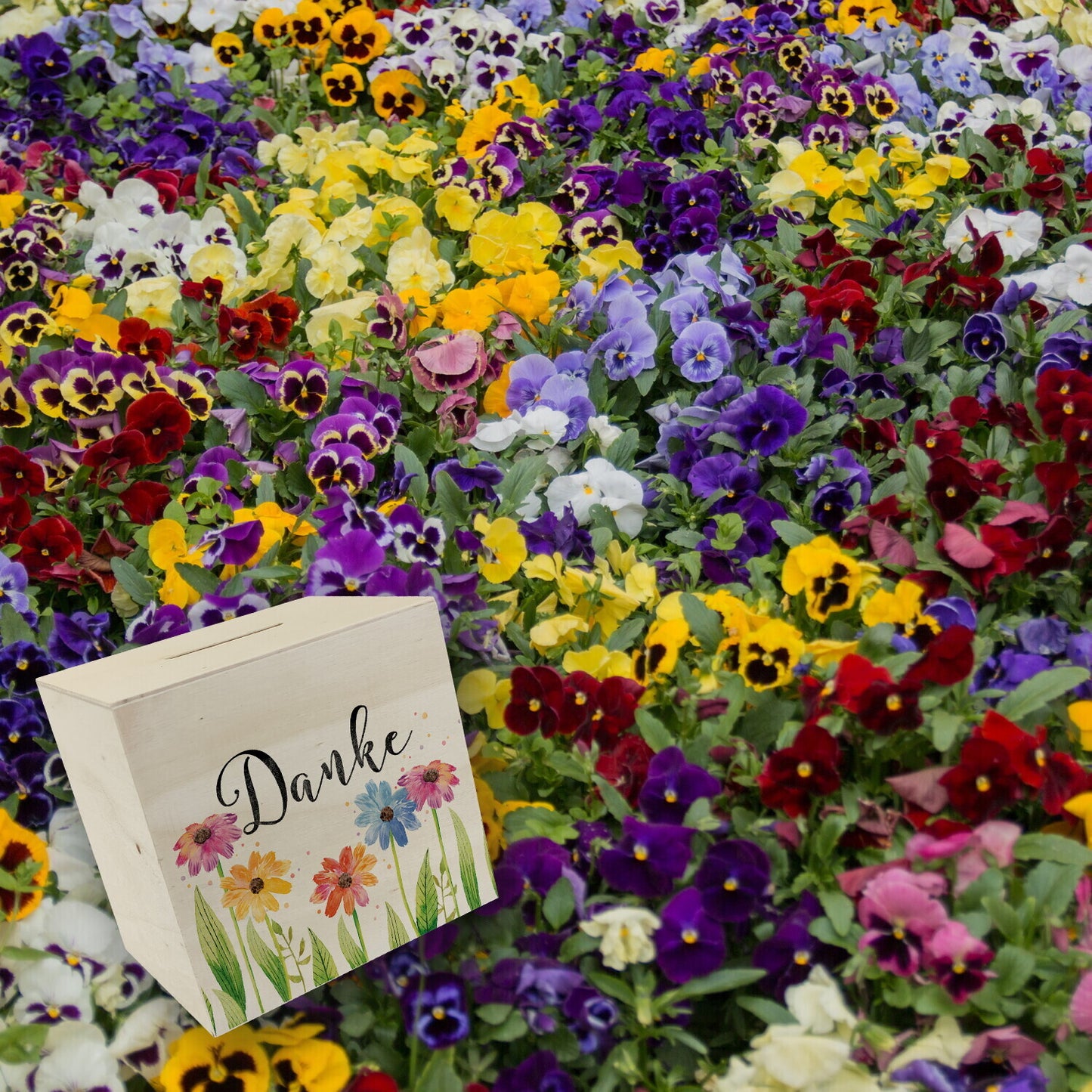 Blumen Spardose aus Holz mit Spruch Danke