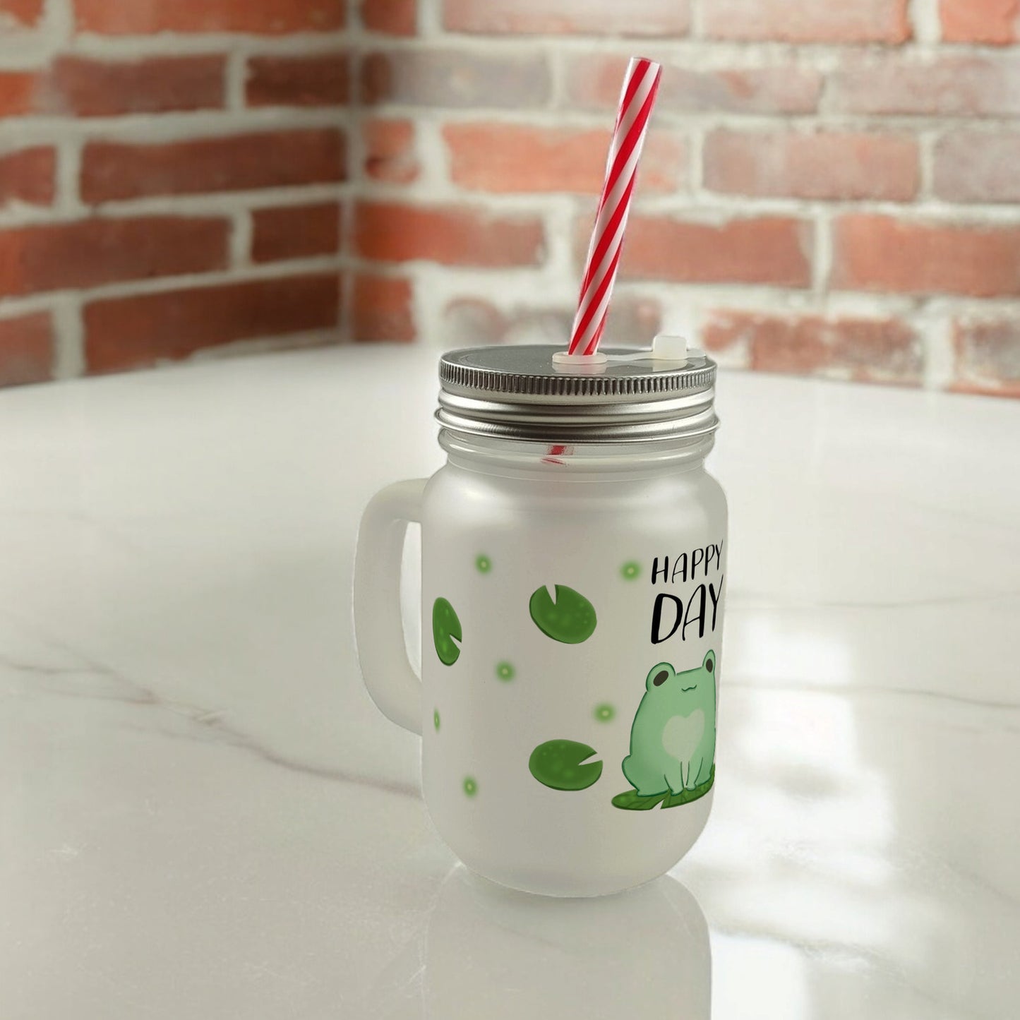 Frosch Mason Jar Henkel Trinkglas mit Deckel mit Spruch Happy Day