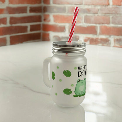 Frosch Mason Jar Henkel Trinkglas mit Deckel mit Spruch Happy Day