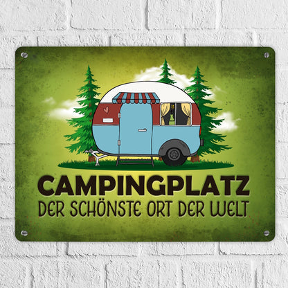 Metallschild XL mit Wohnwagen Motiv und Spruch: Campingplatz