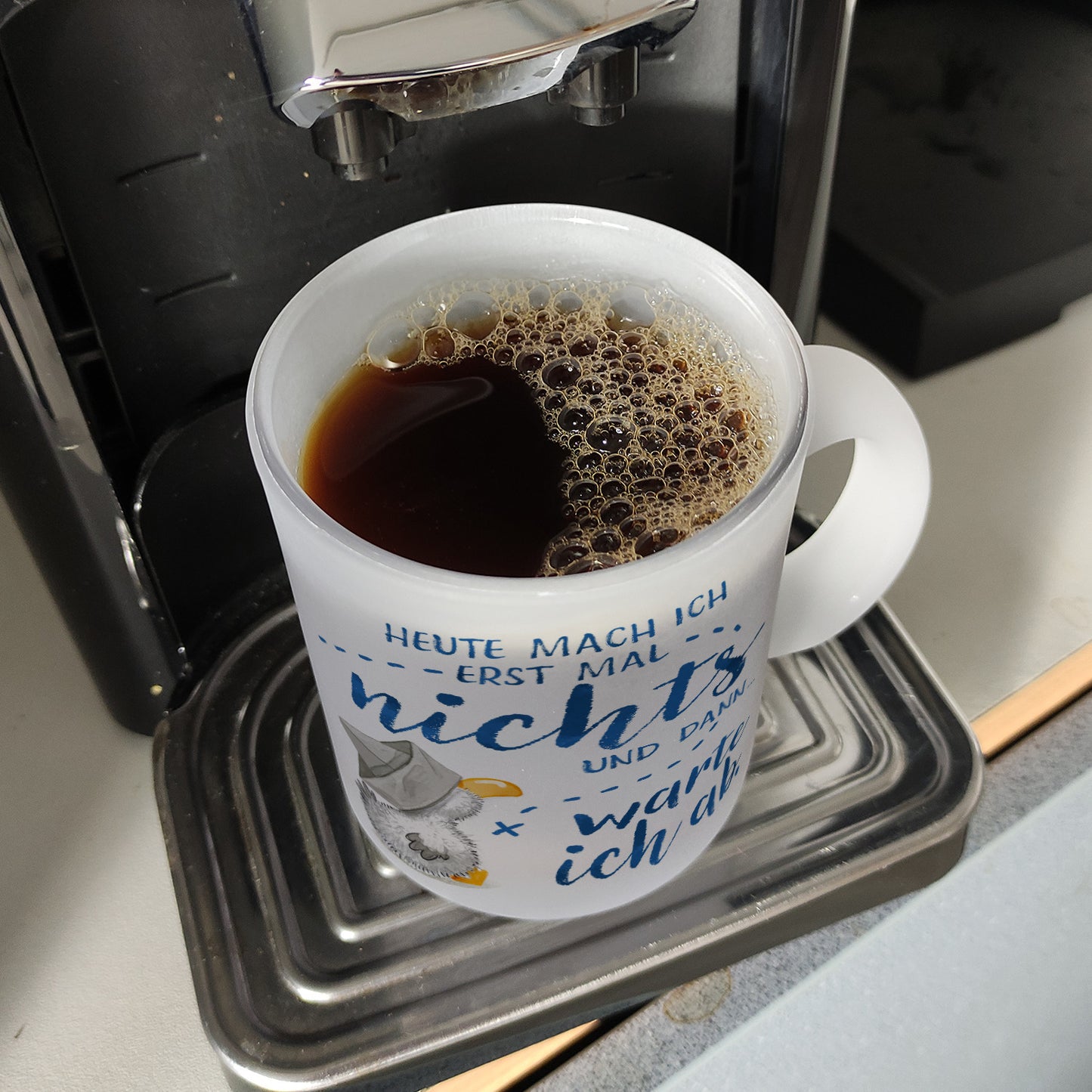 Möwe Glas Tasse mit Spruch Heute mach ich erst mal nichts