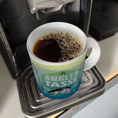 Angler Becher Glas Tasse mit Fisch und Angel Motiv