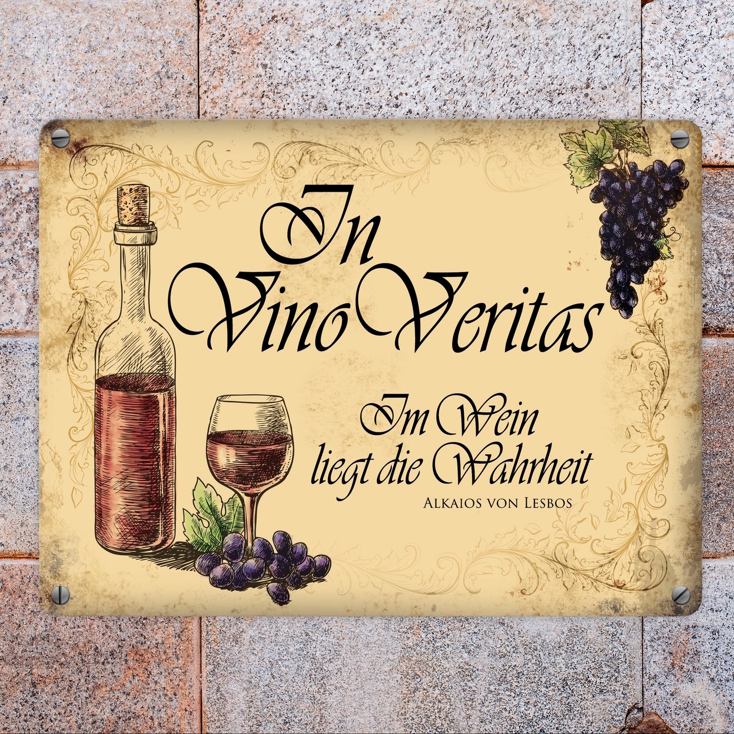 Metallschild mit Wein Motiv und Spruch: In Vino Vertias