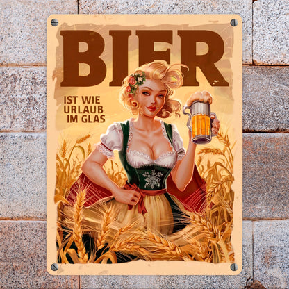 Frau im Dirndl - Bier ist wie Urlaub Metallschild in 15x20 cm