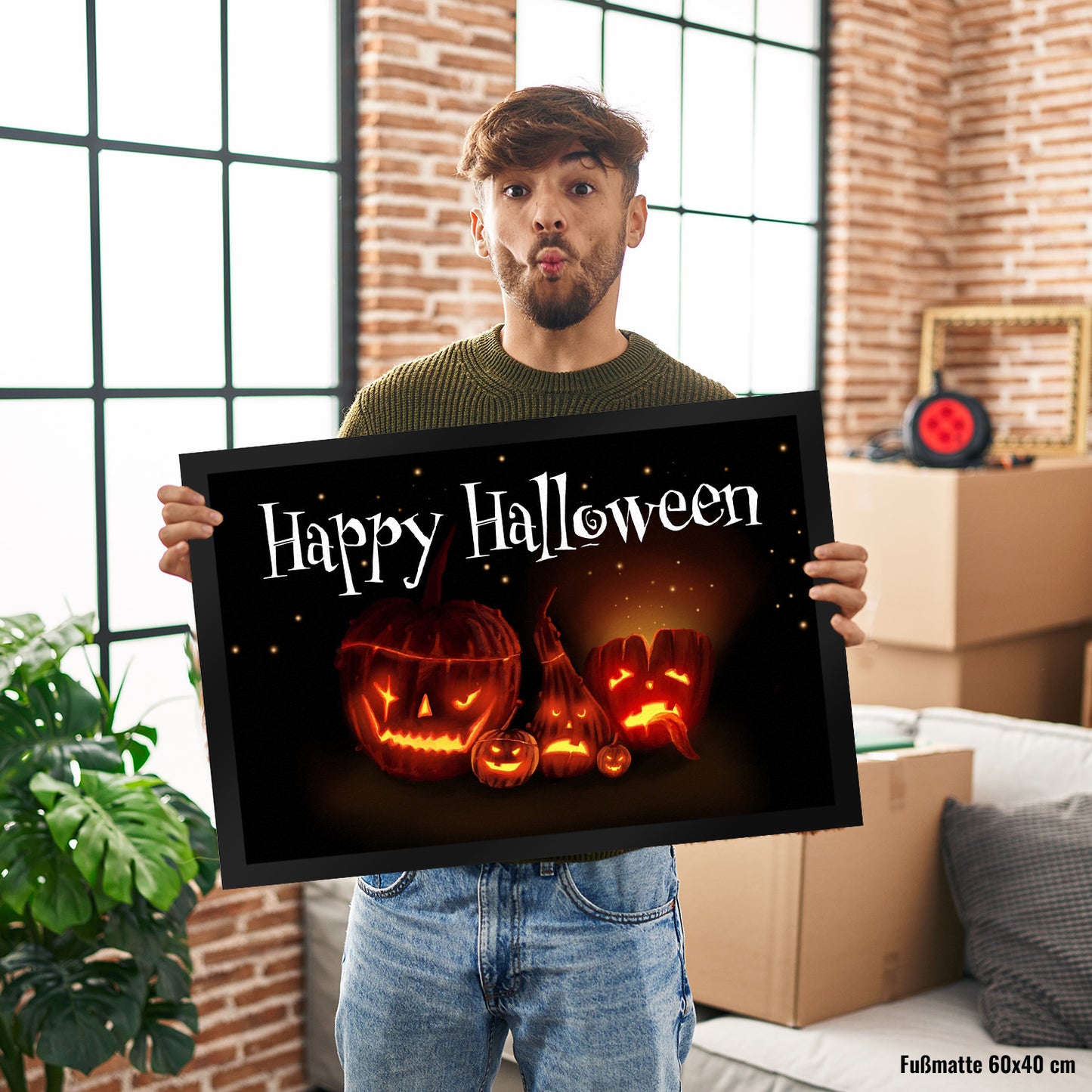 Fußmatte XL in 40x60 cm mit Kürbiskopf Motiv und Happy Halloween Schriftzug