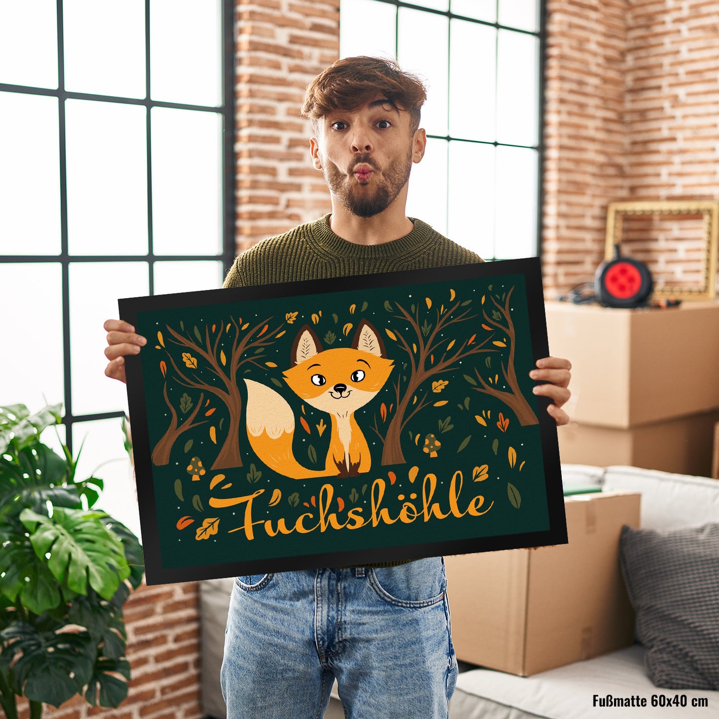 Fußmatte XL in 40x60 cm mit niedlichem Fuchs im Wald und Herbst Motiven - Fuchshöhle