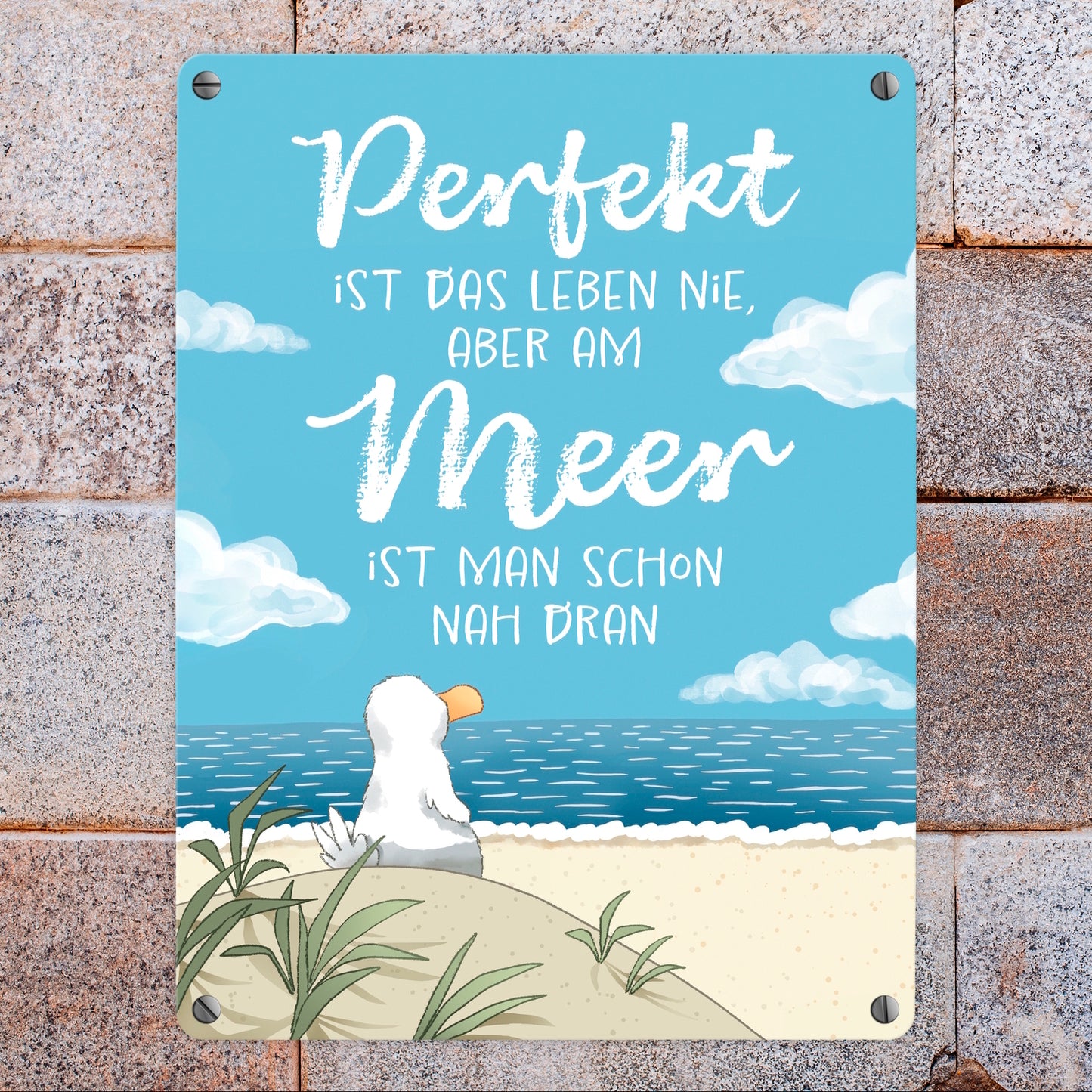 Möwe am Strand Metallschild in 15x20 cm mit Spruch Leben am Meer fast perfekt