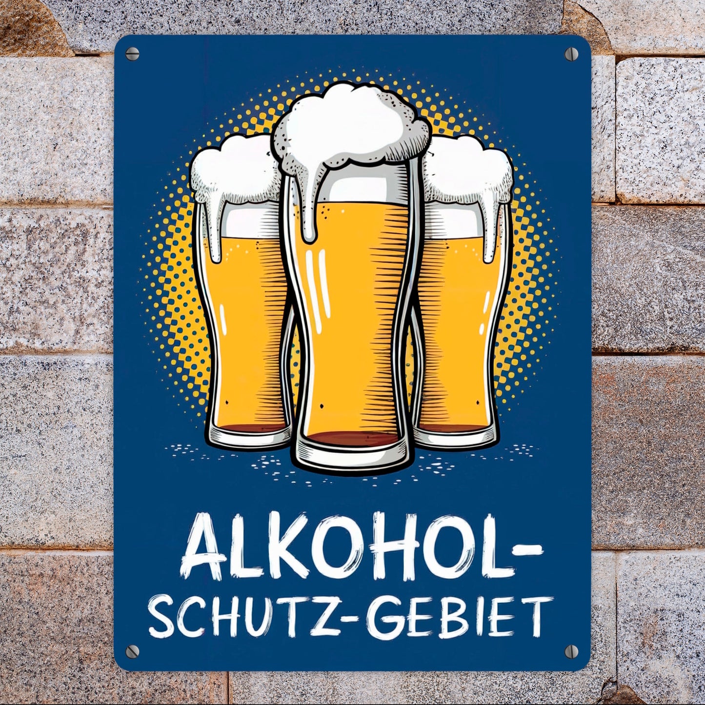 Alkohol-Schutzgebiet mit drei Biergläsern Metallschild XL in 21x28 cm