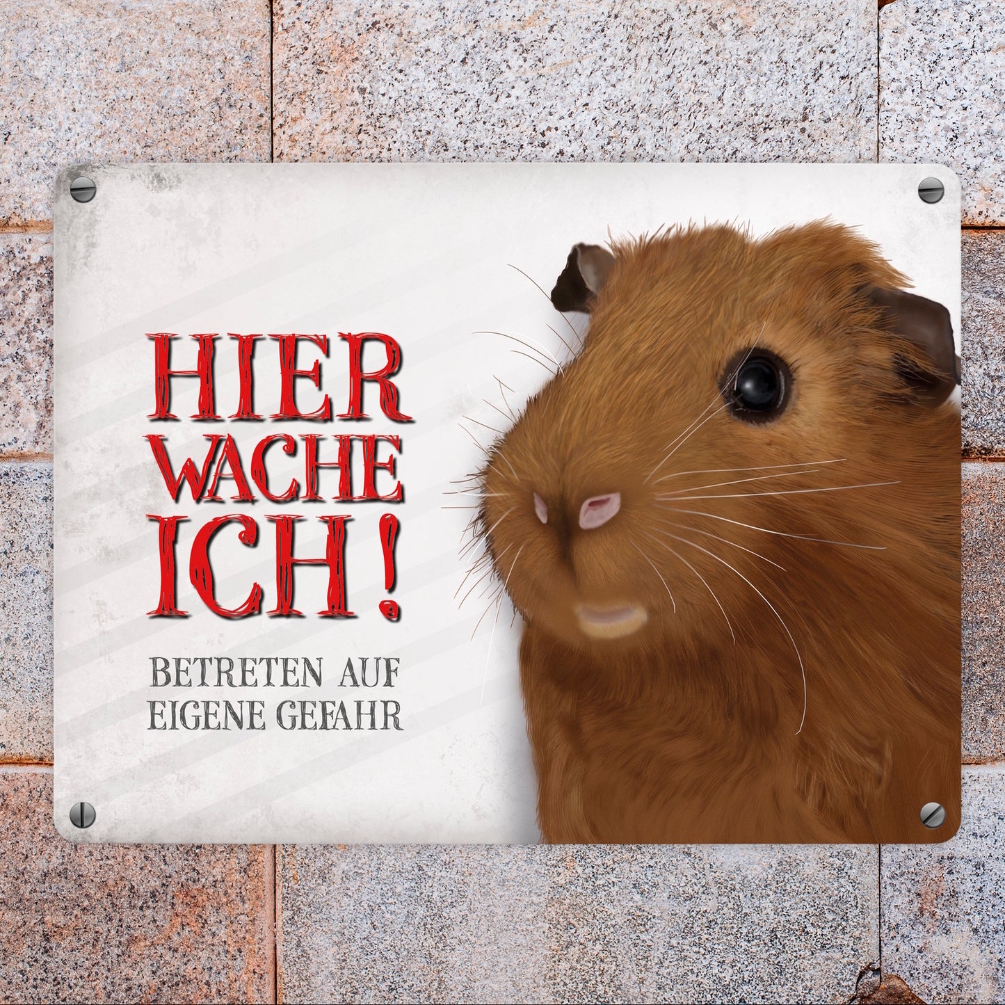 Metallschild mit Meerschweinchen Motiv und Spruch: Betreten auf eigene Gefahr ...