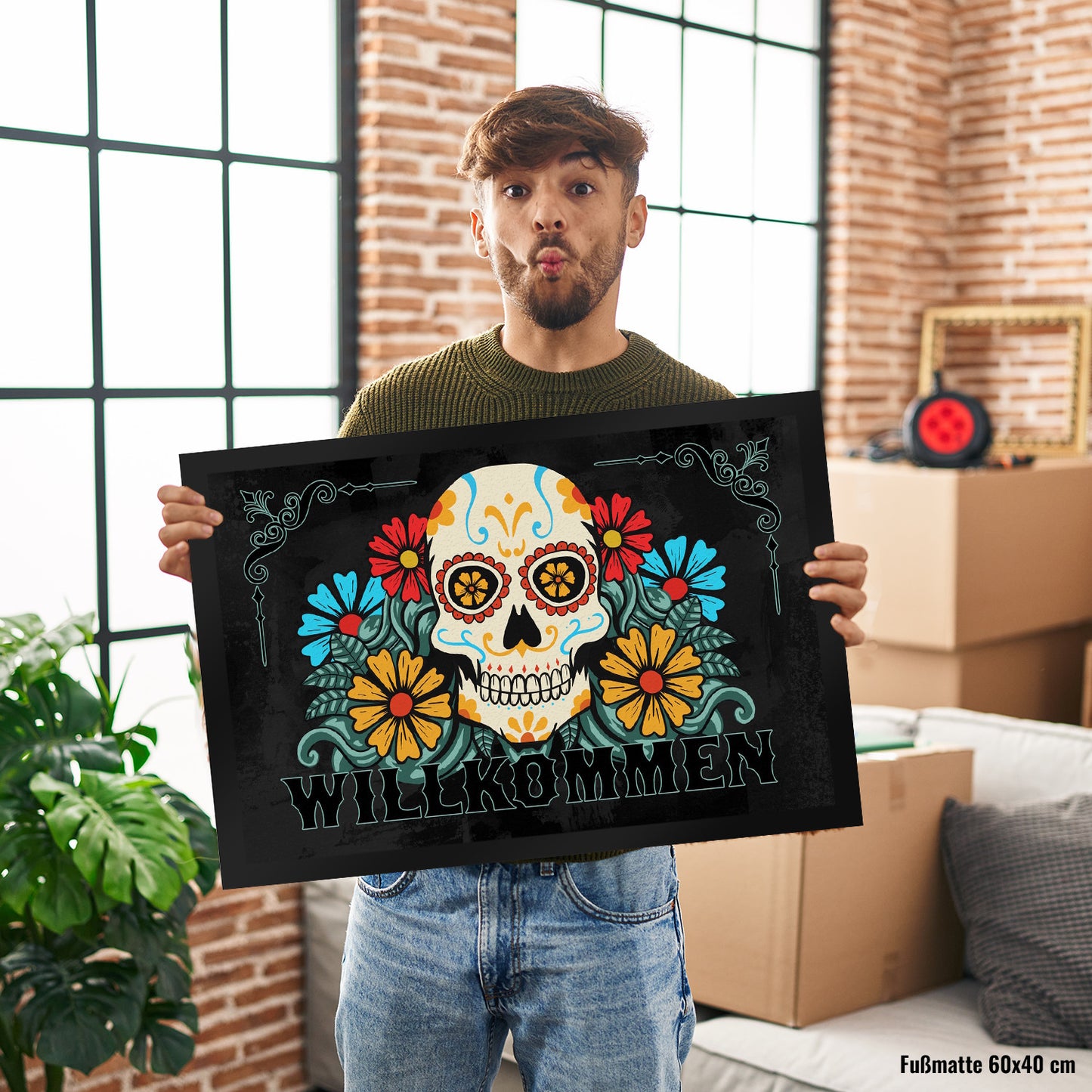 Willkommen Fußmatte XL in 40x60 cm mit Totenkopf und Blumenmotiv