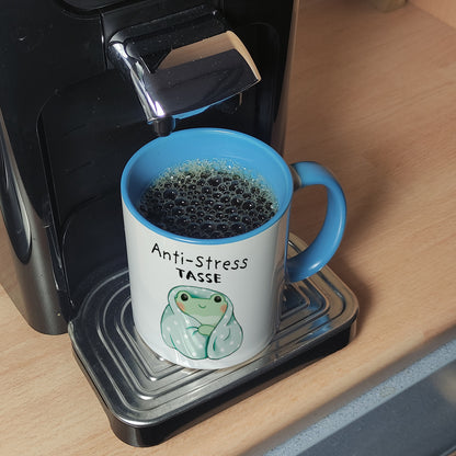 Frosch in blauer Decke mit Spruch Anti-Stress Tasse