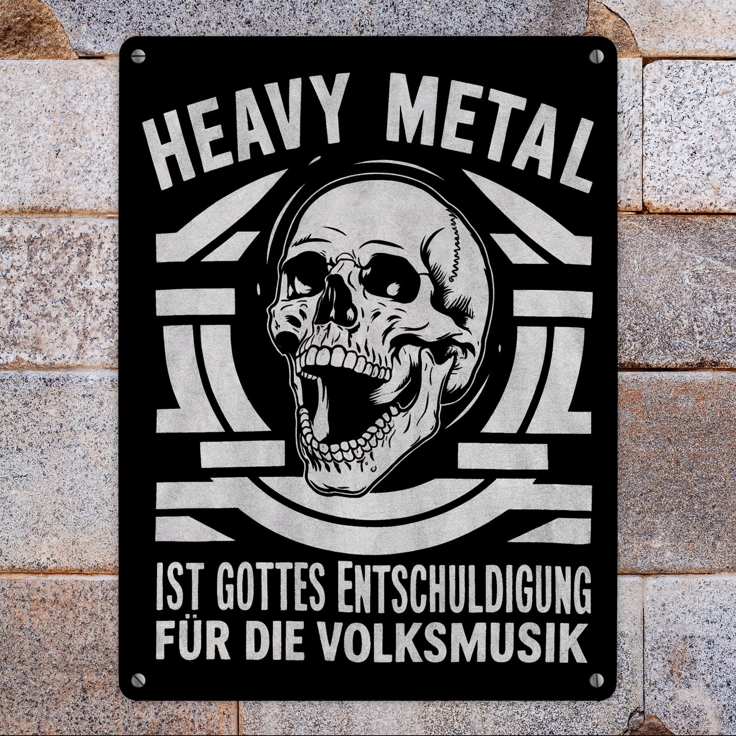 Heavy Metal statt Volksmusik Metallschild XL in 21x28 cm mit Totenkopf