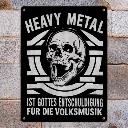 Heavy Metal statt Volksmusik Metallschild XL in 21x28 cm mit Totenkopf