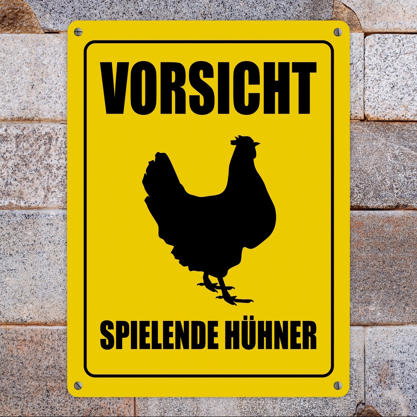 Metallschild XL mit Huhn Motiv und Spruch: Vorsicht spielende Hühner