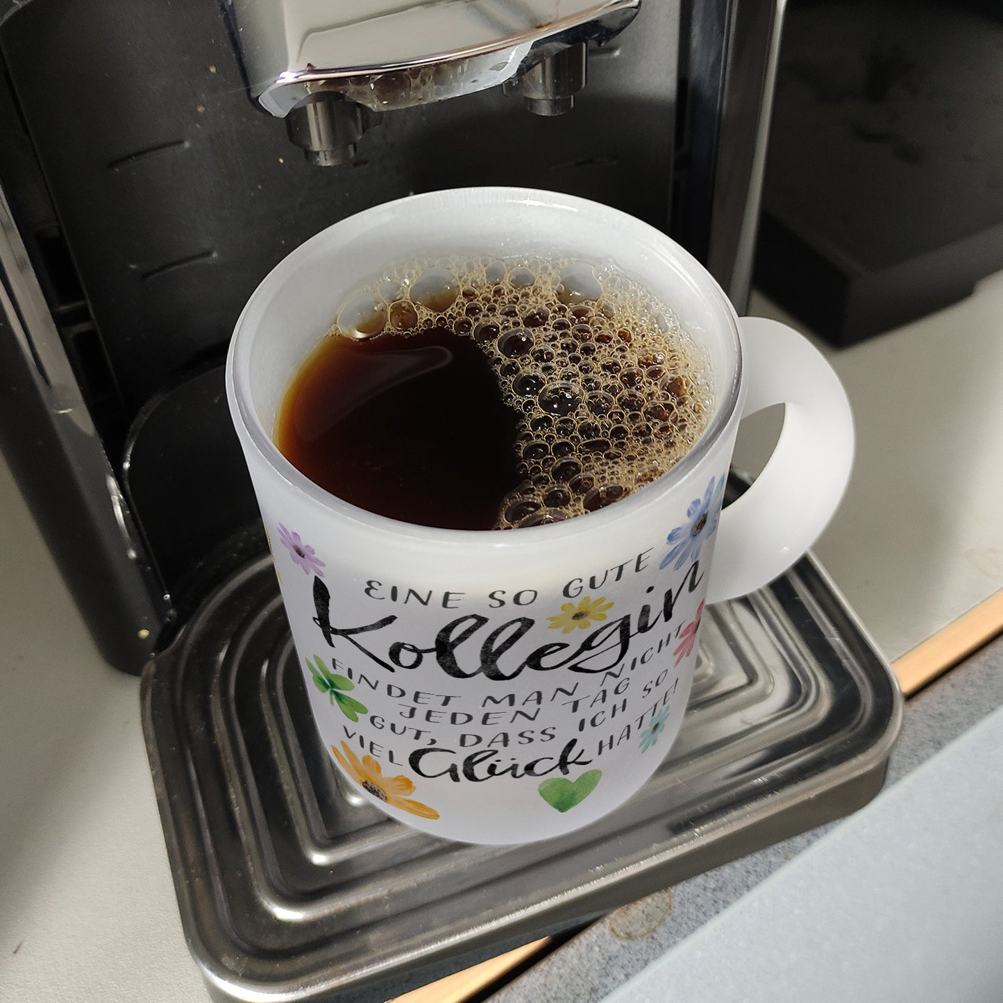 Blumen Glas Tasse mit Spruch Glück gehabt mit toller Kollegin