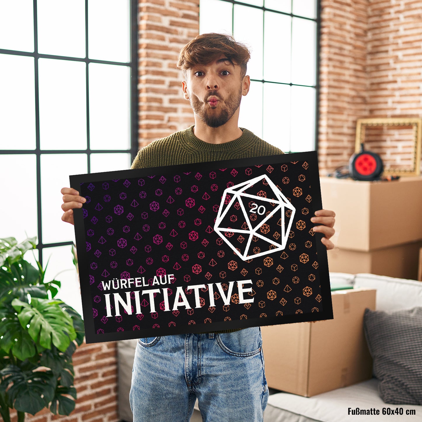 Tabletop Fußmatte XL mit Würfelmuster und Spruch: Würfel auf Initiative