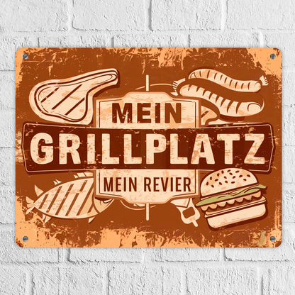 Grillplatz Vintage Metallschild XL in 21x28 cm - Mein Revier