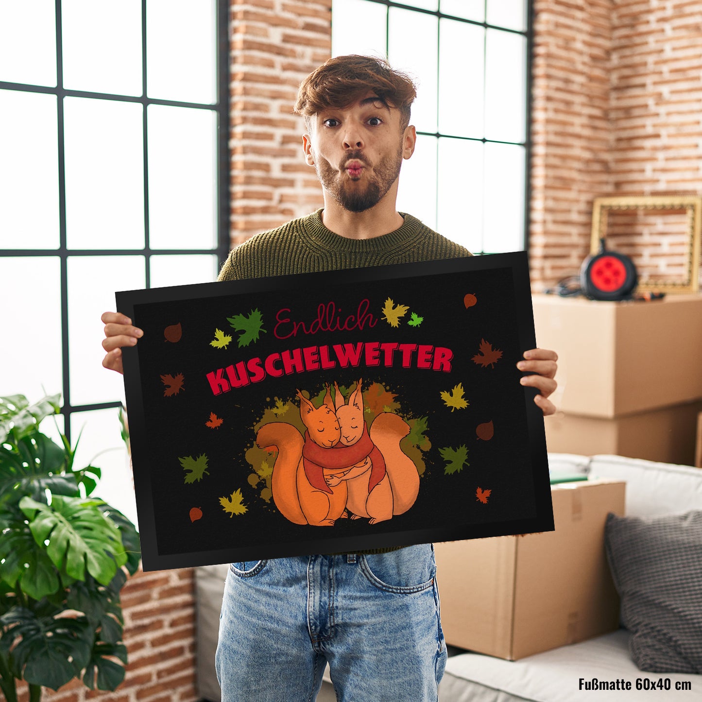 Endlich Kuschelwetter herbstliche Fußmatte XL in 40x60 cm mit Eichhörnchenpaar