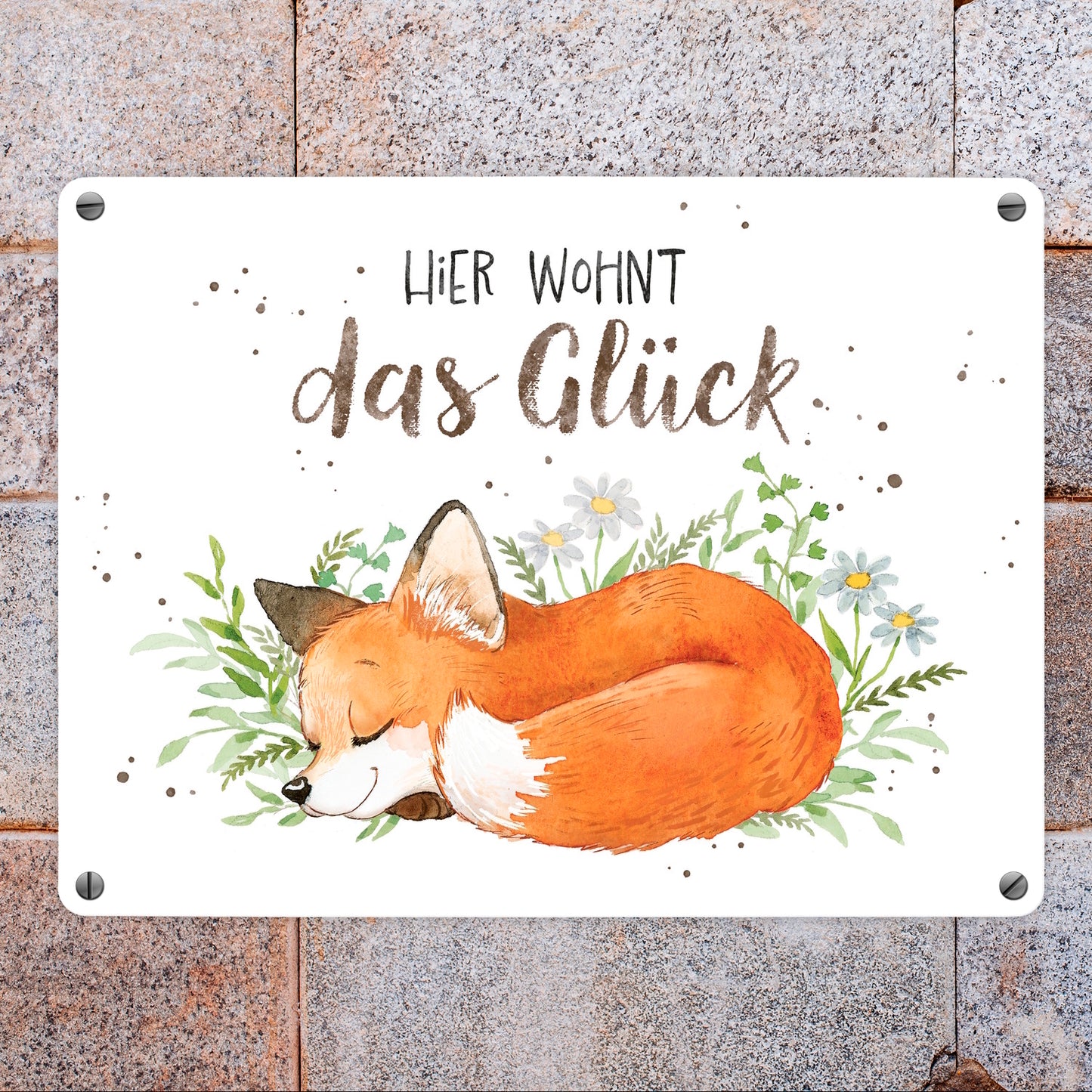 Fuchs Metallschild in 15x20 cm in weiß mit Spruch Hier wohnt das Glück