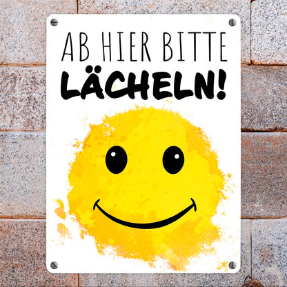 Grinsendes Emoticon Ab hier bitte lächeln Metallschild in 15x20 cm